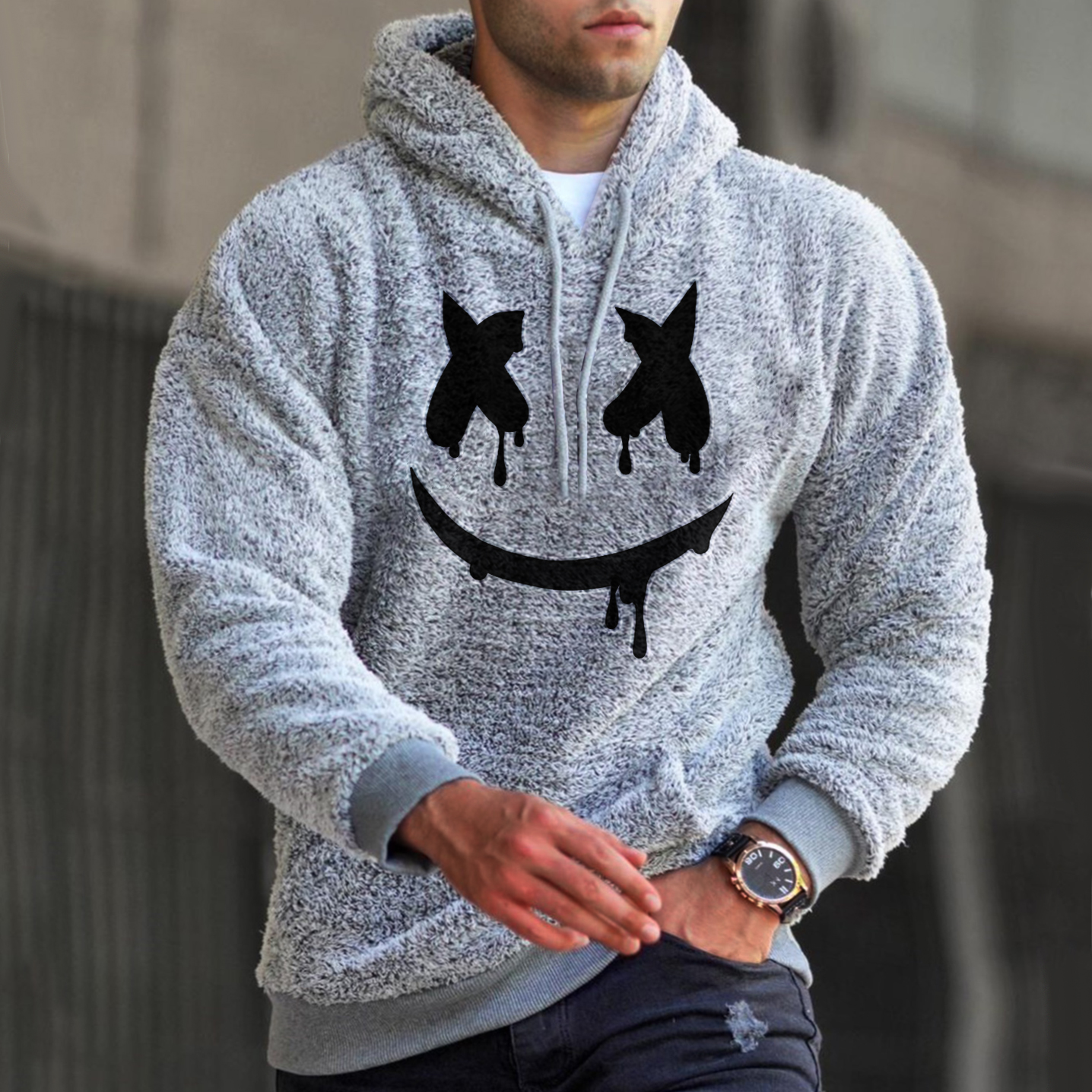 Smiley Embroidered Lamb Velvet Chic Hooded Sweatshirt