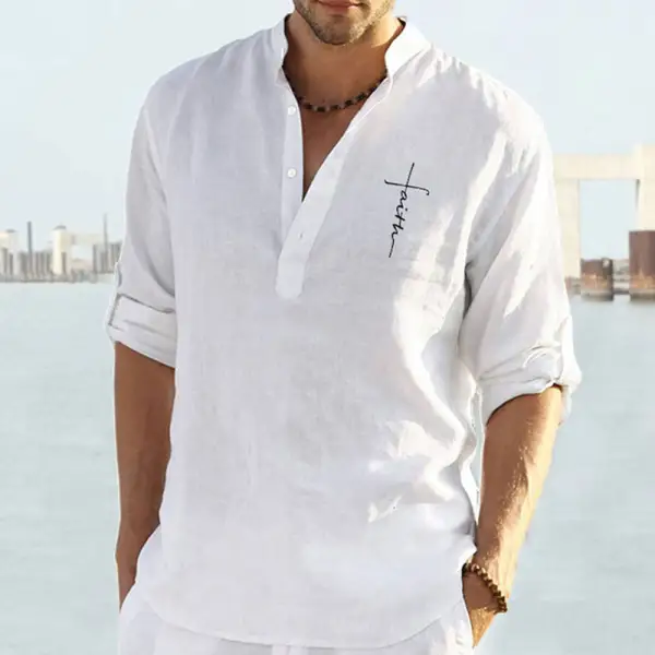 Men's Casual Cotton Linen Solid Color Long-sleeved Loose Collar Blouse - Salolist.com 