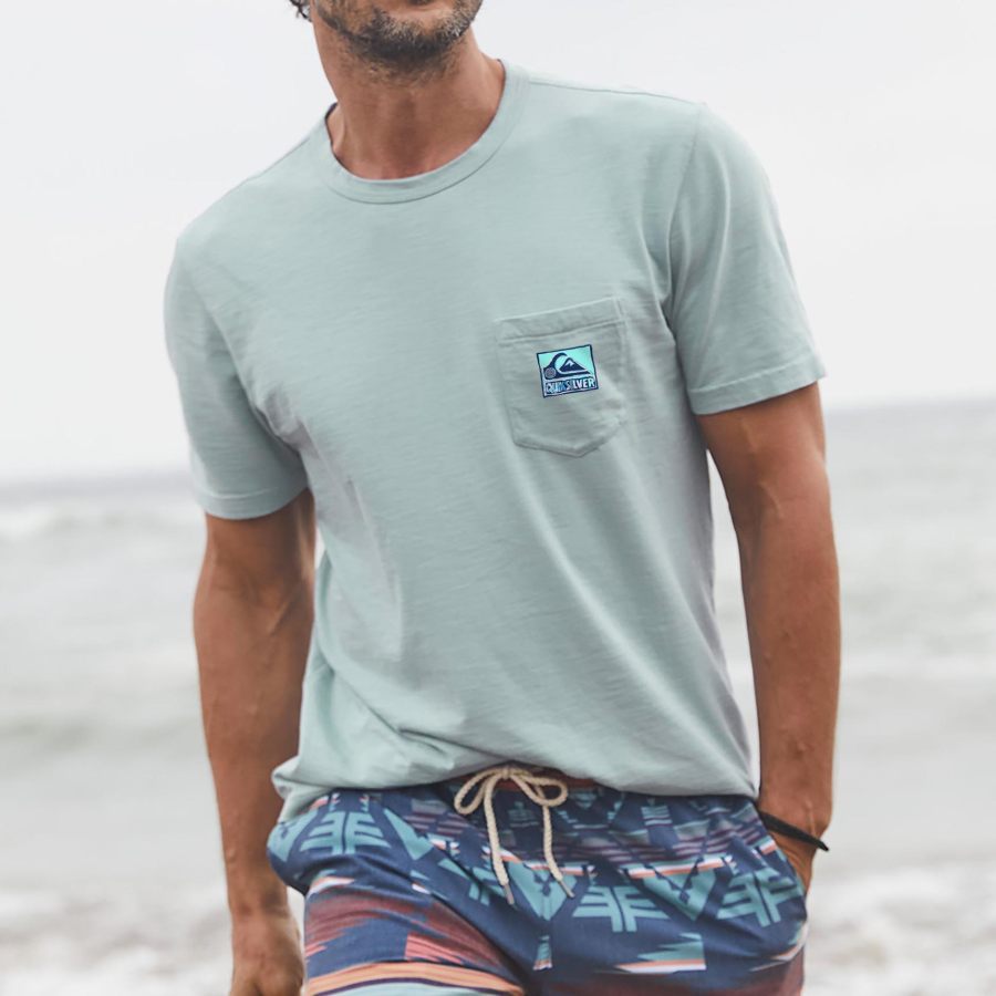 

Quiksilver Men's T-Shirt Vintage Chest Pocket Surf Short Sleeve Crew Neck Summer Daily Tops Light Green