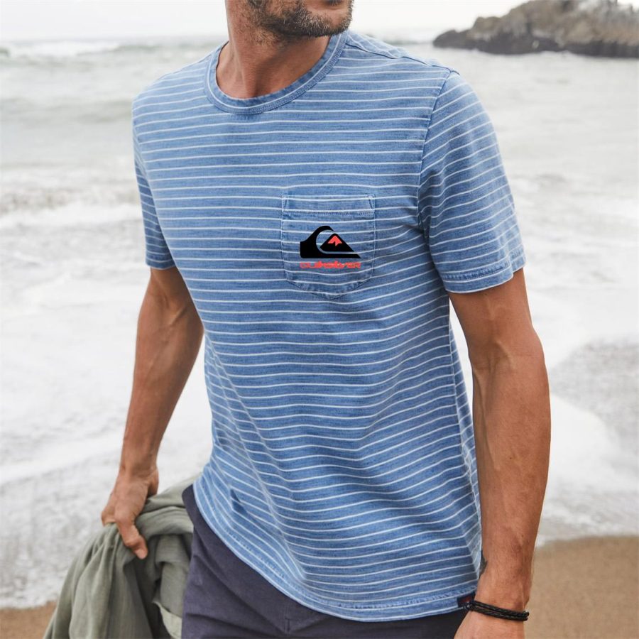 

Quiksilver Мужская футболка в винтажном стиле в полоску с нагрудным карманом для серфинга с коротким рукавом с круглым вырезом Лето Повседневные топы Светло-голубой