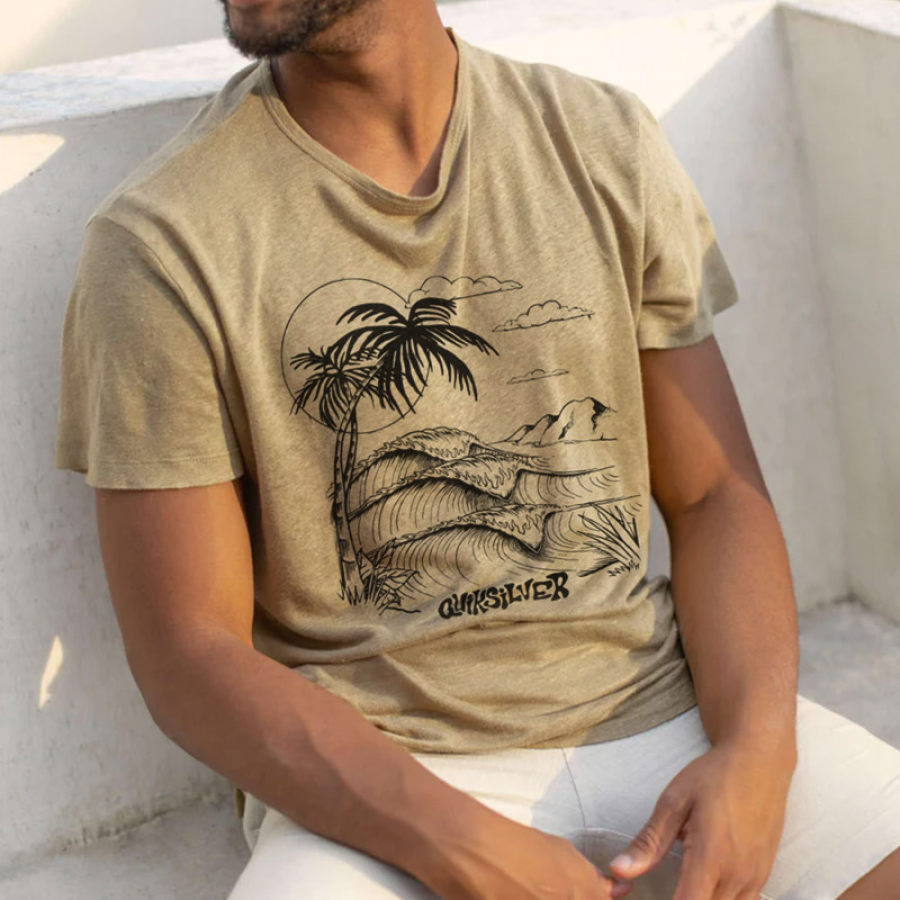 

Men's T-shirt Simple Vacation Casual Printing Round Neck Short Sleeve Tee Khaki