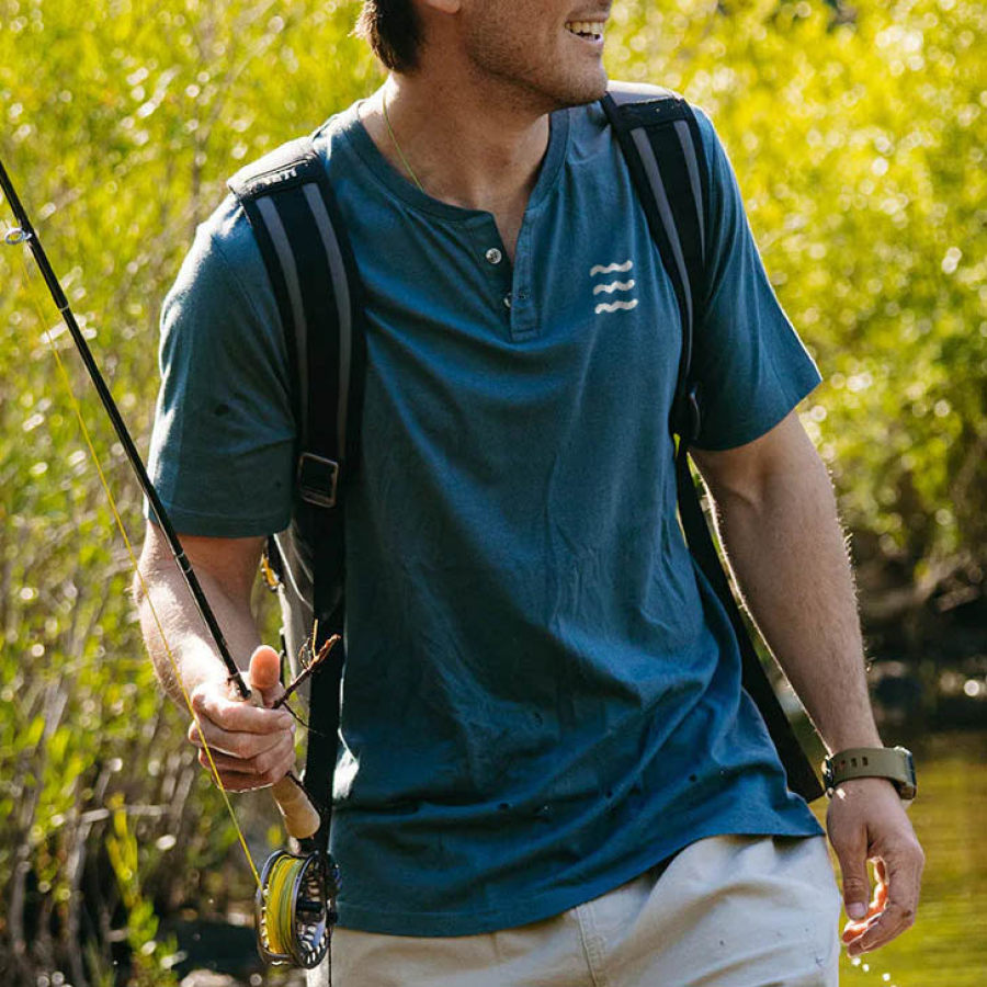 

Men's T-Shirt Henley Collar Vintage Wave Surf Beach Short Sleeve Outdoor Summer Daily Tops Slate Blue