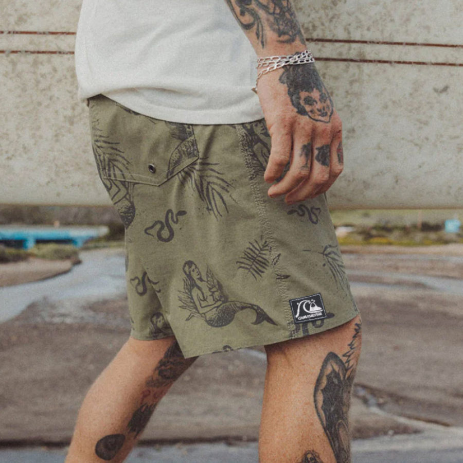 

Men's Shorts Beach Surf Shorts Retro Ocean Print Daily Casual 5 Inch Shorts Versatile Army Green