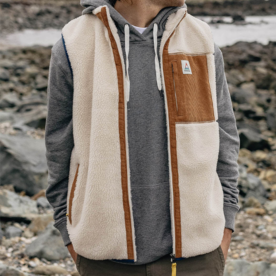 

Men Fleece Vest Canyon Recycled Deep-Pile Sherpa Vest Light Khaki Contrast Zip Pocket Jacket