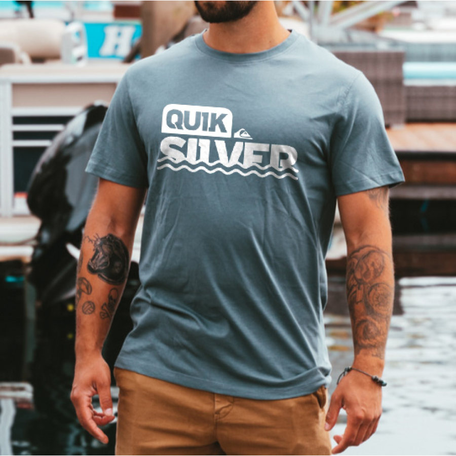 

Men's T-Shirt Tee Vintage Quiksilver Graphic Surf Short Sleeve Outdoor Casual Summer Daily Tops Slate Blue