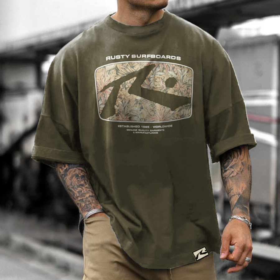 

Men's Oversized T-shirt Surf Printing Beach Short-sleeved Casual Simple All-match Tee Army Green