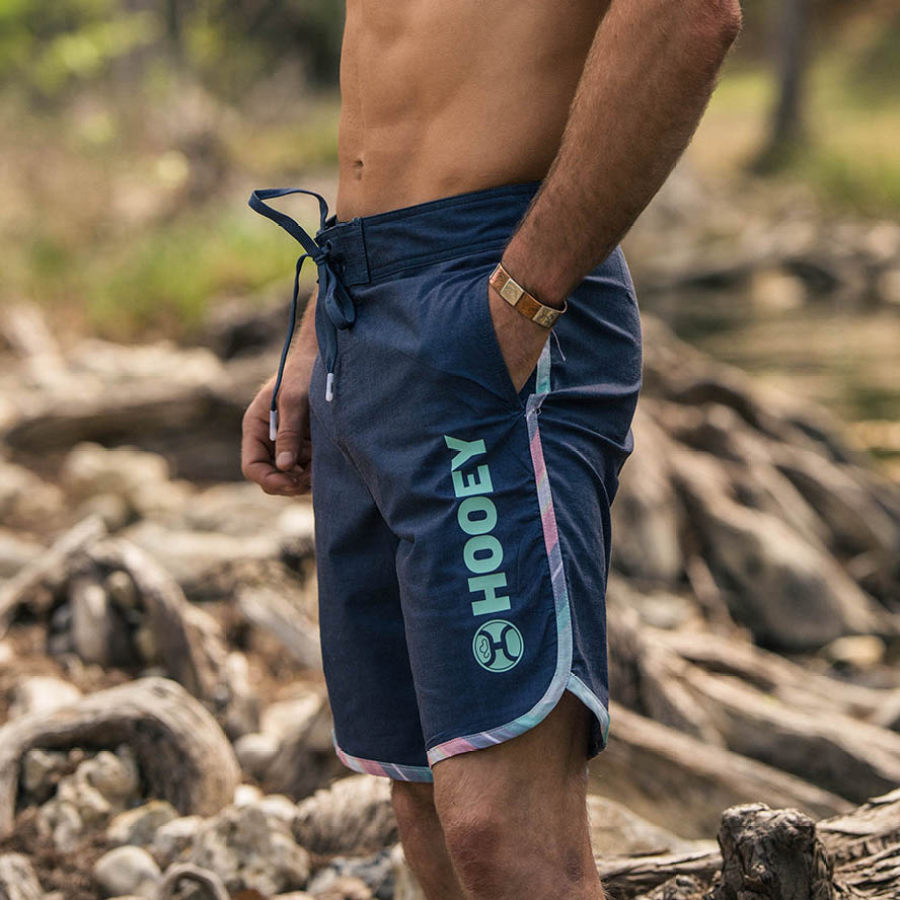 

Men's Surf Shorts Vintage Hooey Graphic Hawaiian Beach Boardshorts Navy Blue