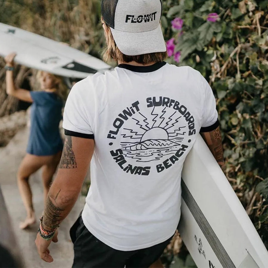 

Camiseta Masculina De Surf Retrô Com Estampa De Nascer Do Sol Todos Os Dias Colorblock Casual Camiseta De Manga Curta