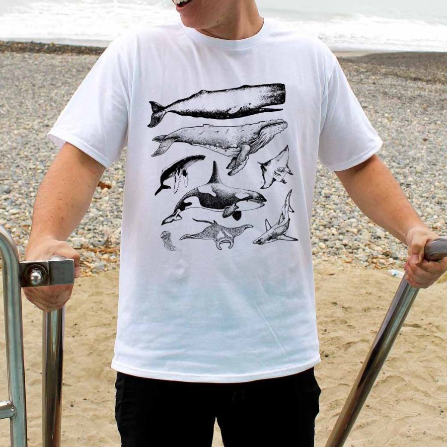 

Camiseta Masculina Vintage Ocean Animal Baleia Marinha Manga Curta Ao Ar Livre Casual Verão Diariamente Tops Branco