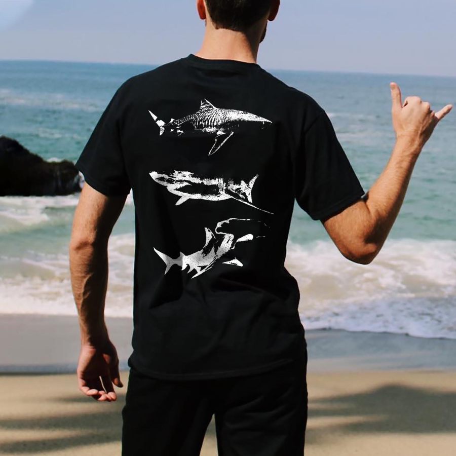 

Camiseta Masculina Vintage Shark Ocean Animal Manga Curta Ao Ar Livre Casual Verão Diariamente Tops Preto