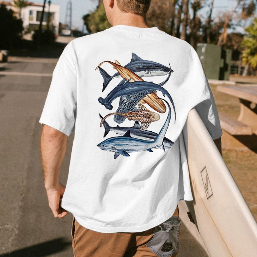 

Camiseta Masculina Vintage Shark Marine Life Manga Curta Ao Ar Livre Casual Verão Diariamente Tops Branco
