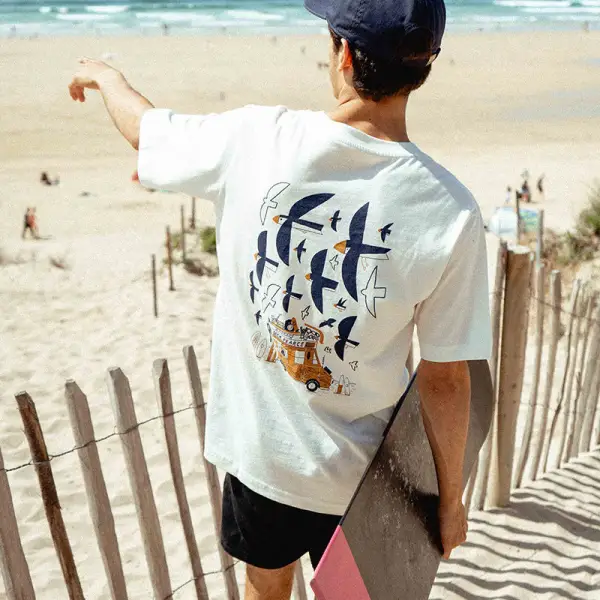 Men's Surf T-Shirt Vintage Bird Print Short Sleeve Beach Casual Tee - Yiyistories.com 