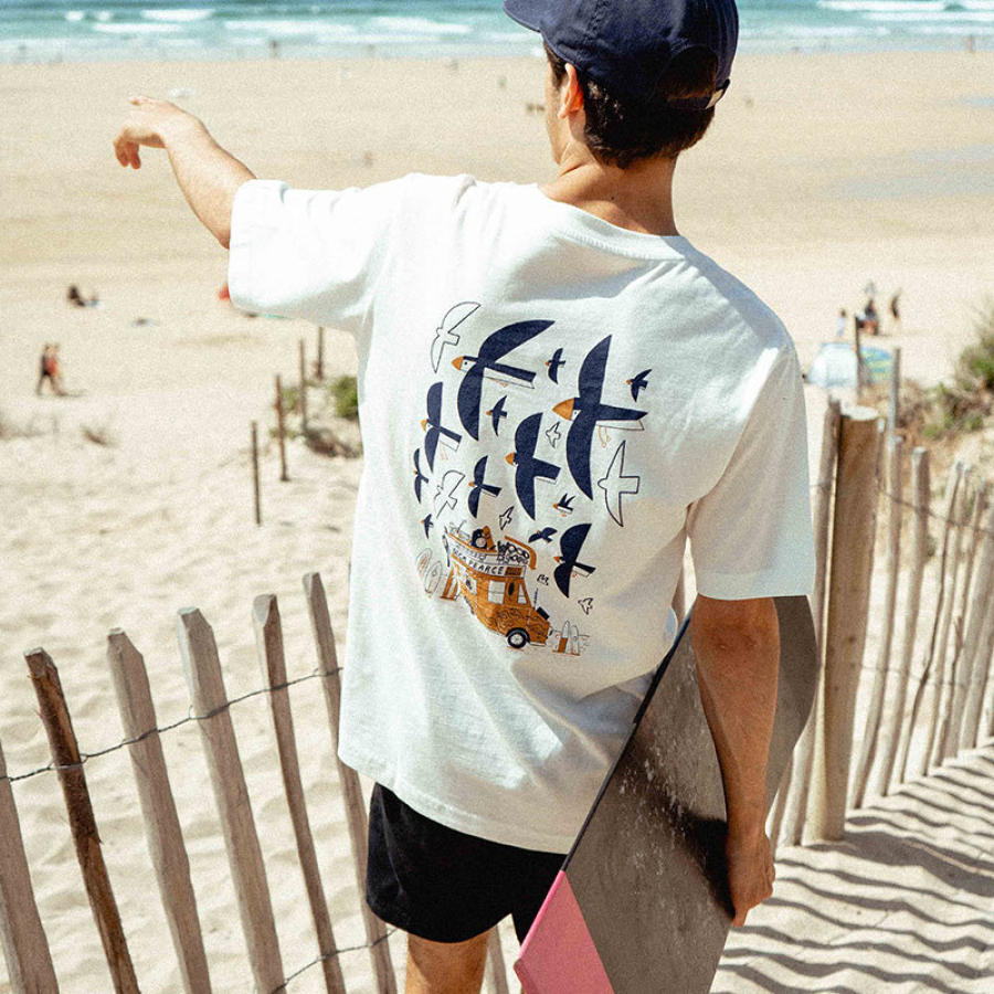 

Camiseta Masculina De Surf Vintage Com Estampa De Pássaro Manga Curta Praia Casual