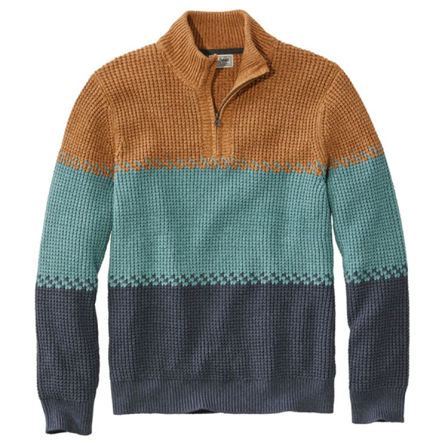 

Norwegian Sweater Men's 1/4 Zip Henley Stand Collar Retro Color Block Cotton Waffle Sweater Stripe Qutdoor Autumn And Wi