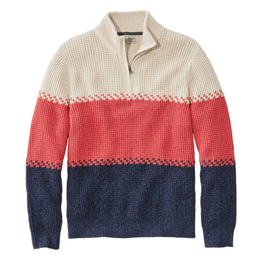 

Norwegian Sweater Men's 1/4 Zip Henley Stand Collar Vintage Color Block Cotton Waffle Sweater Stripe Qutdoor Top