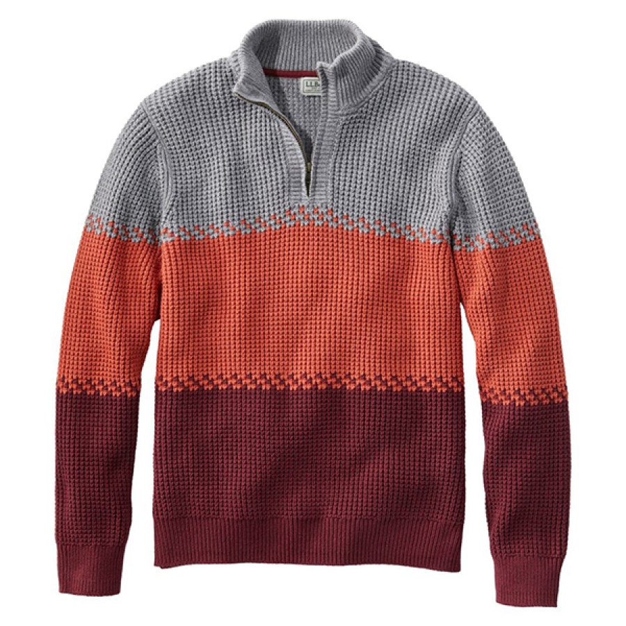 

Norwegian Sweater Men's 1/4 Zip Henley Stand Collar Vintage Color Block Cotton Waffle Sweater Stripe Qutdoor Top