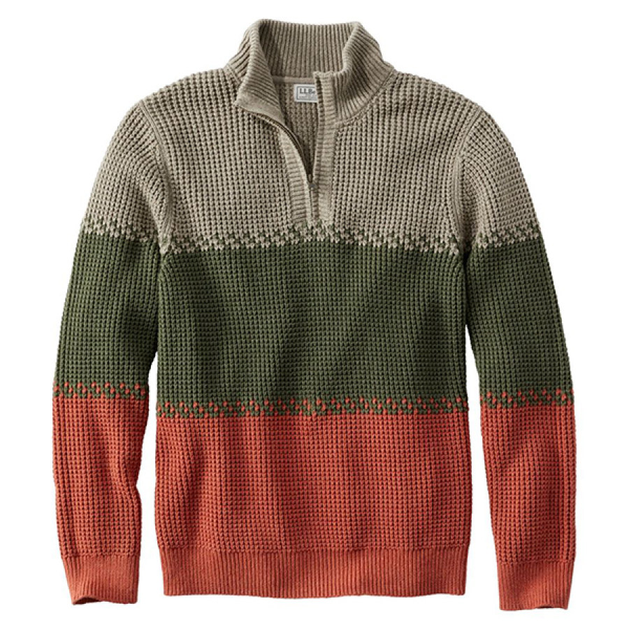 

Norwegian Sweater Men's 1/4 Zip Henley Stand Collar Retro Color Block Cotton Waffle Sweater Stripe Qutdoor Autumn And Wi