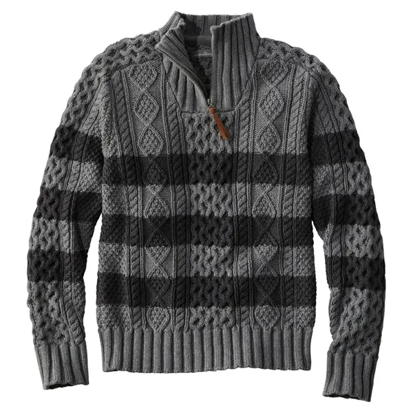 Norwegian Sweater Men's 1/4 Zip Henley Stand Collar Vintage Color Block Cotton Stripe Qutdoor Warm Top - Cotosen.com
