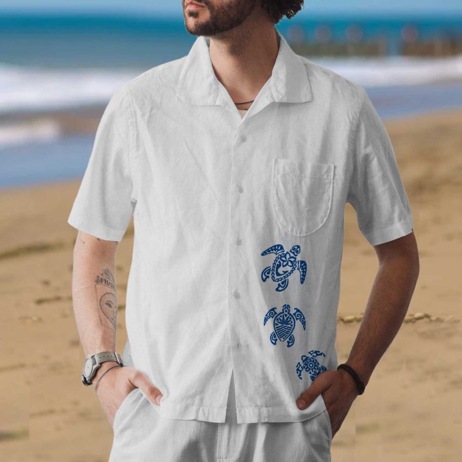 

Chemise En Coton Et Lin Pour Hommes Imprimé Tortue Plage Vacances Poche Hawaïenne Manches Courtes Décontracté Quotidien