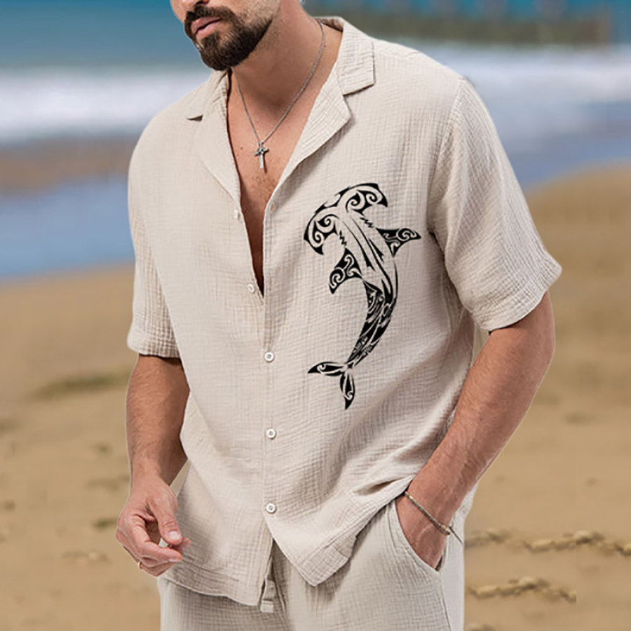 

Men's Cotton Linen Shirt Shark Print Beach Vacation Hawaiian Short Sleeve Cuban Collar Casual Daily