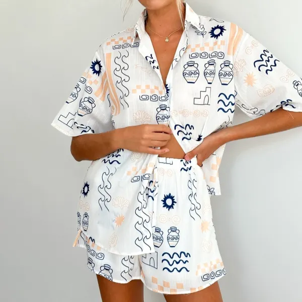 Minimalist Resort Linen Shirt Shorts Women's Printed Set - Salolist.com 