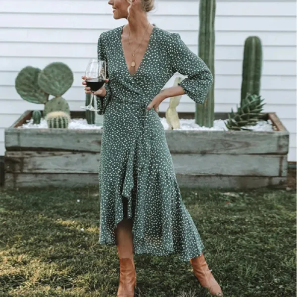 Women's V-neck Polka Dot Print Sweet Waist Tie Long-Sleeve Dress - Leanarea.chimpone.com 