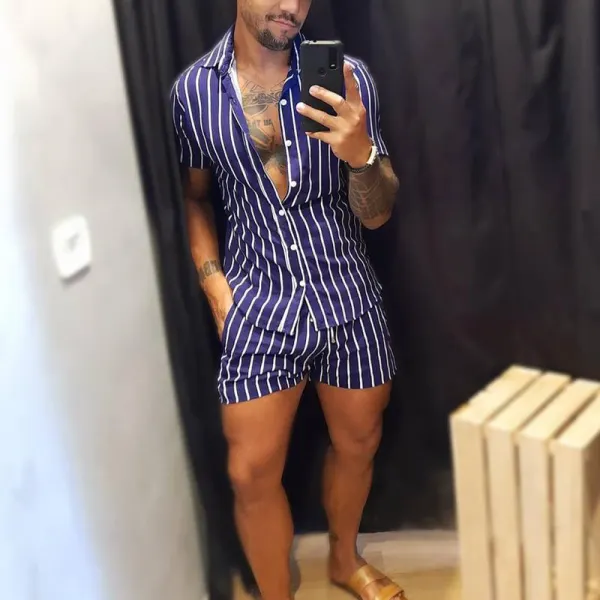 Mens blue striped casual short suit - Leanarea.chimpone.com 
