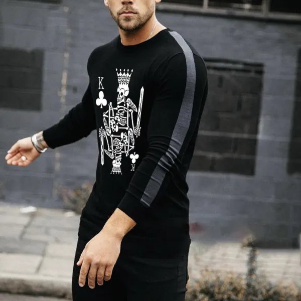 Mens black playing card printing long-sleeved T-shirt - Leanarea.chimpone.com 