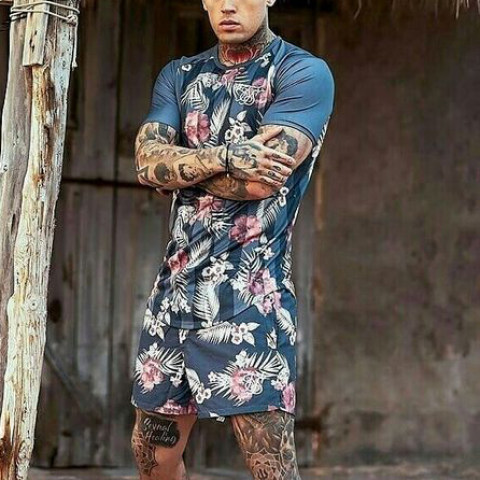 Mens casual printed round neck T shirt suit