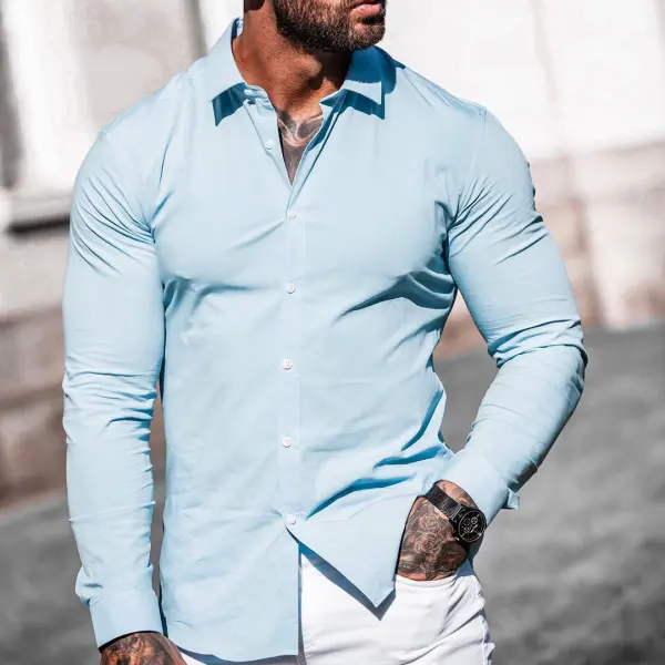 Men's casual light blue long-sleeved shirt - Leanarea.chimpone.com 