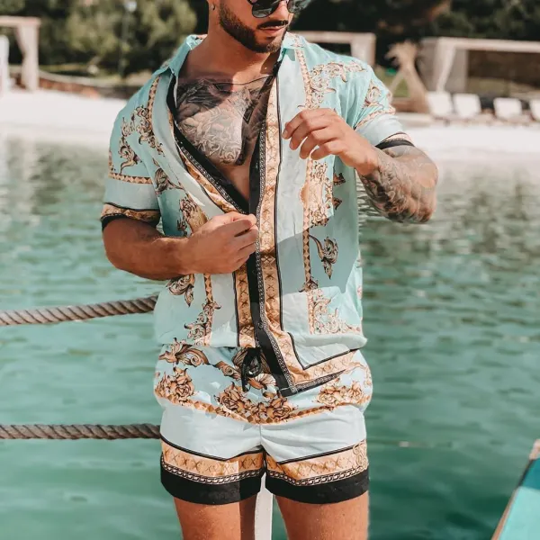 Men's casual printed short sleeve shorts suit - Leanarea.chimpone.com 