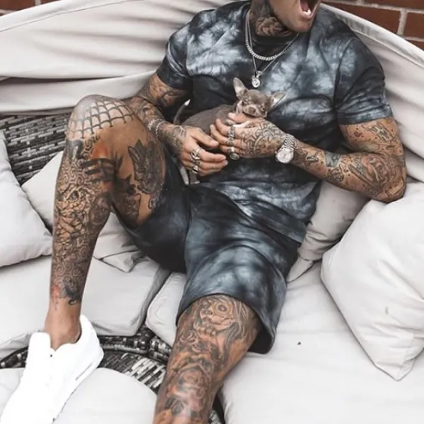 Men's casual tie-dye short-sleeved shorts sports suit - Leanarea.chimpone.com 