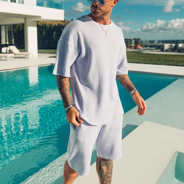 Men's casual white loose short sleeve T-shirt shorts sports suit - Leanarea.chimpone.com 