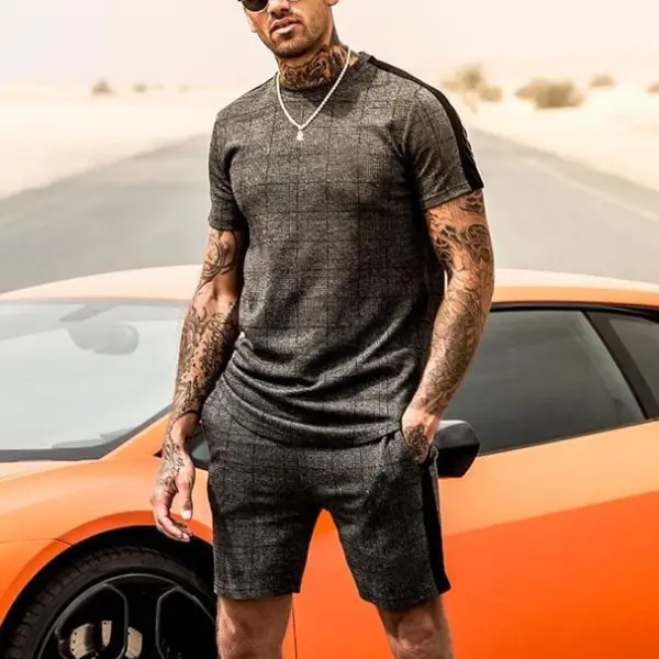 Men's casual plaid short-sleeved T-shirt sports suit - Leanarea.chimpone.com 