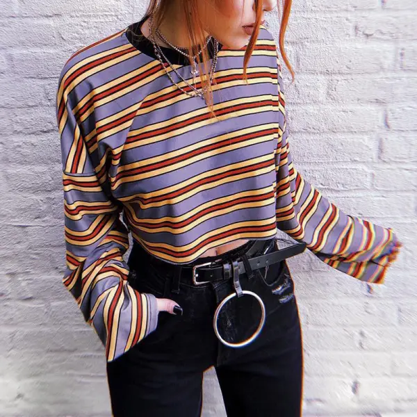 Crop Top-Coloring Striped Shoulder Sleeve Short T-Shirt - Leanarea.chimpone.com 