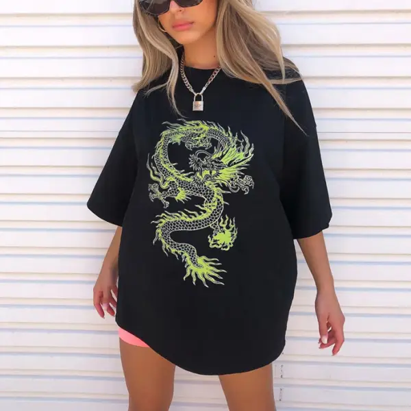 Personalized dragon print loose mid-length short sleeve top - Leanarea.chimpone.com 