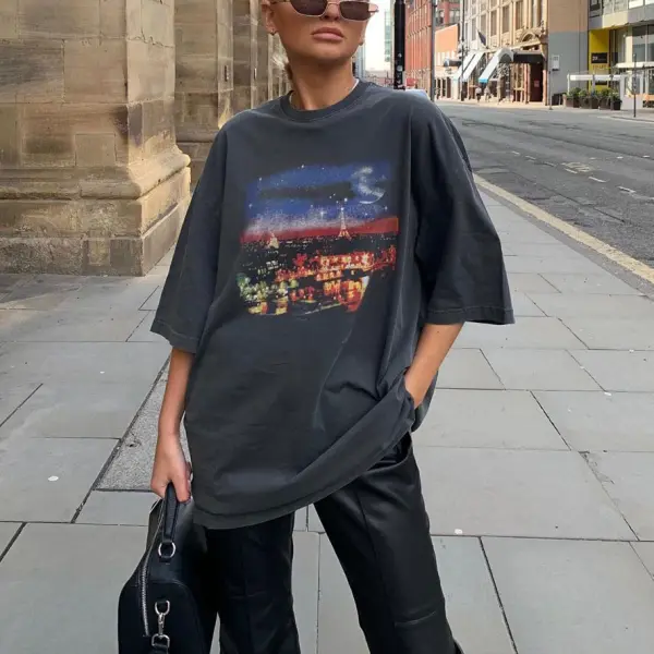 Fashion retro print stitching T-shirt - Leanarea.chimpone.com 