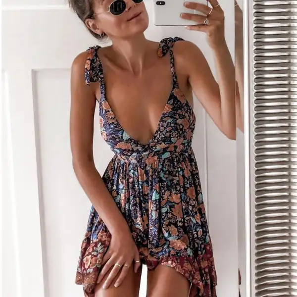 Tied strap floral print backless pleated dress - Leanarea.chimpone.com 