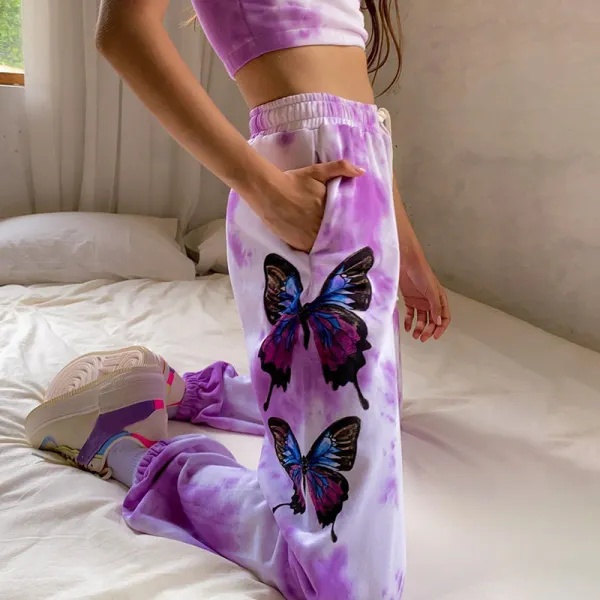 Casual Tie-Dye Butterfly Print Sling Vest Loose Casual Pants Two Piece Set - Leanarea.chimpone.com 