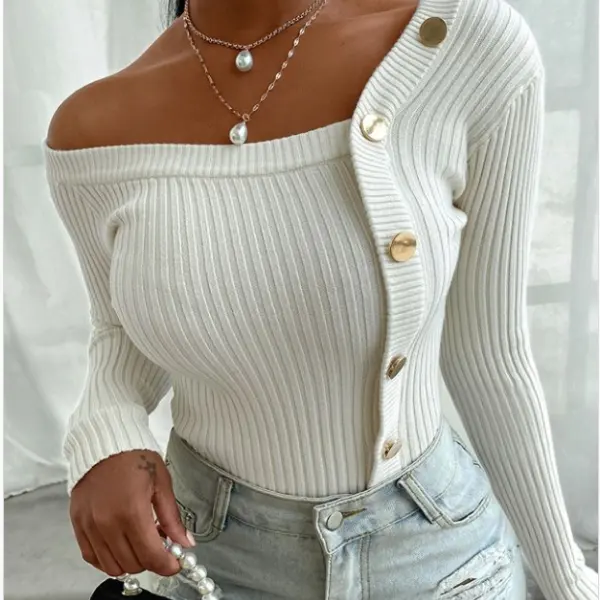 Solid color tight sexy off-shoulder long-sleeved T-shirt - Leanarea.chimpone.com 