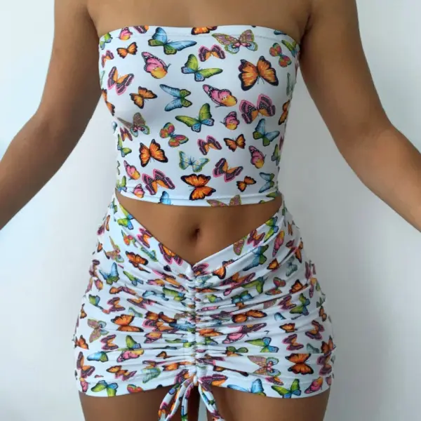 Butterfly Cute Lace Up Two Pieces Crop Tops And Skirts Sets - Leanarea.chimpone.com 