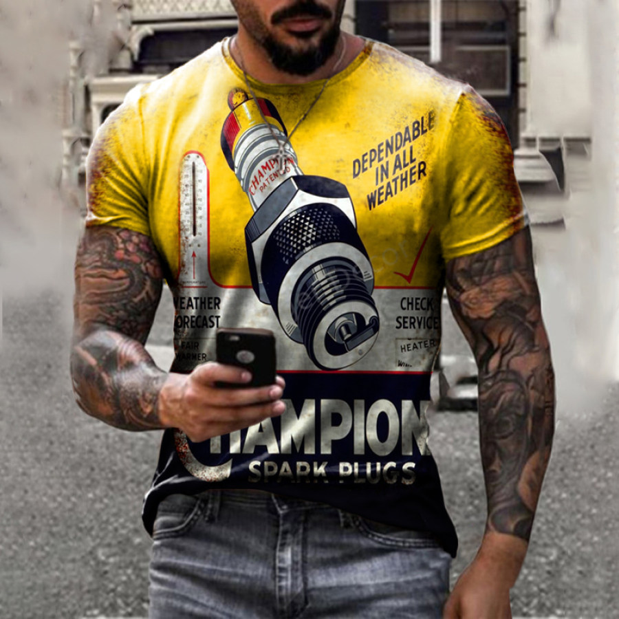 

Men's retro spark plug print T-shirt