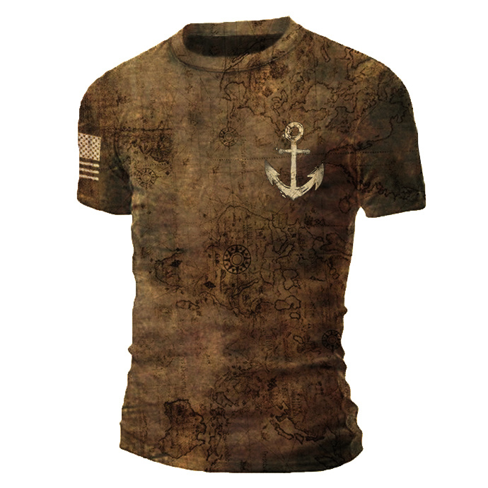 Mens Map Print Ship Chic Anchor Tactical Short-sleeved T-shirt
