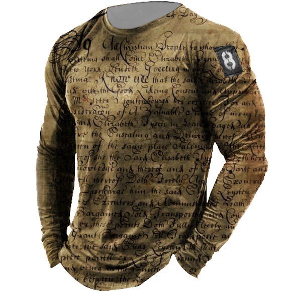 Mens Outdoor Retro Musical Chic Note Print Long Sleeve Sports Top