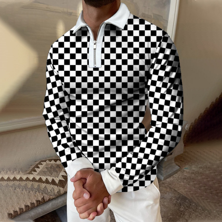 

Checkerboard Print Long-sleeved Polo Shirt