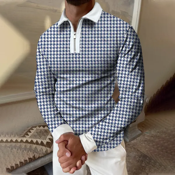 Houndstooth Print Long-sleeved Polo Shirt - Menilyshop.com 