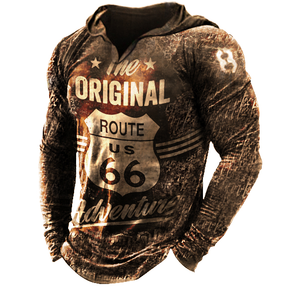 Us Route 66 Men's Chic Outdoor Long-sleeved Hooded T-shirt