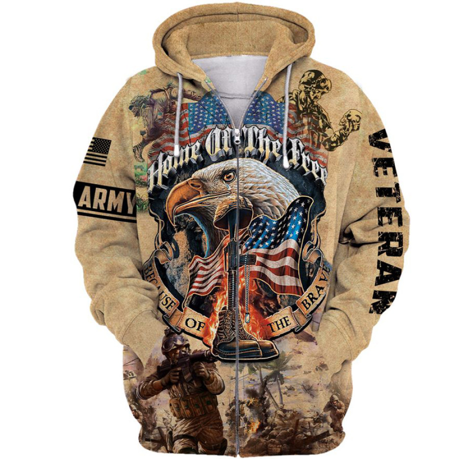

Army Veterans Print Casual Hooded Sweatshirt Jacket