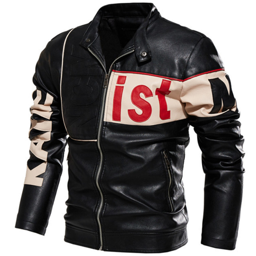 

Men's Outdoor Pu Leather Trend Color Block Motorcycle Jacket