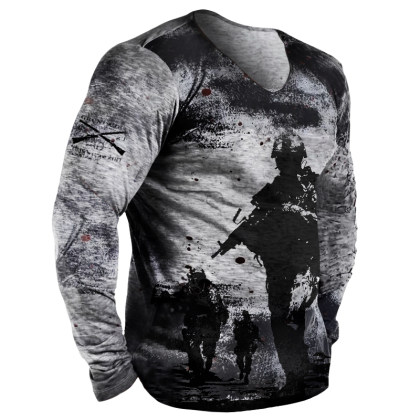 Men's Outdoor Comfortable And Breathable Retro Soldier Print Long-sleeved T-shirt